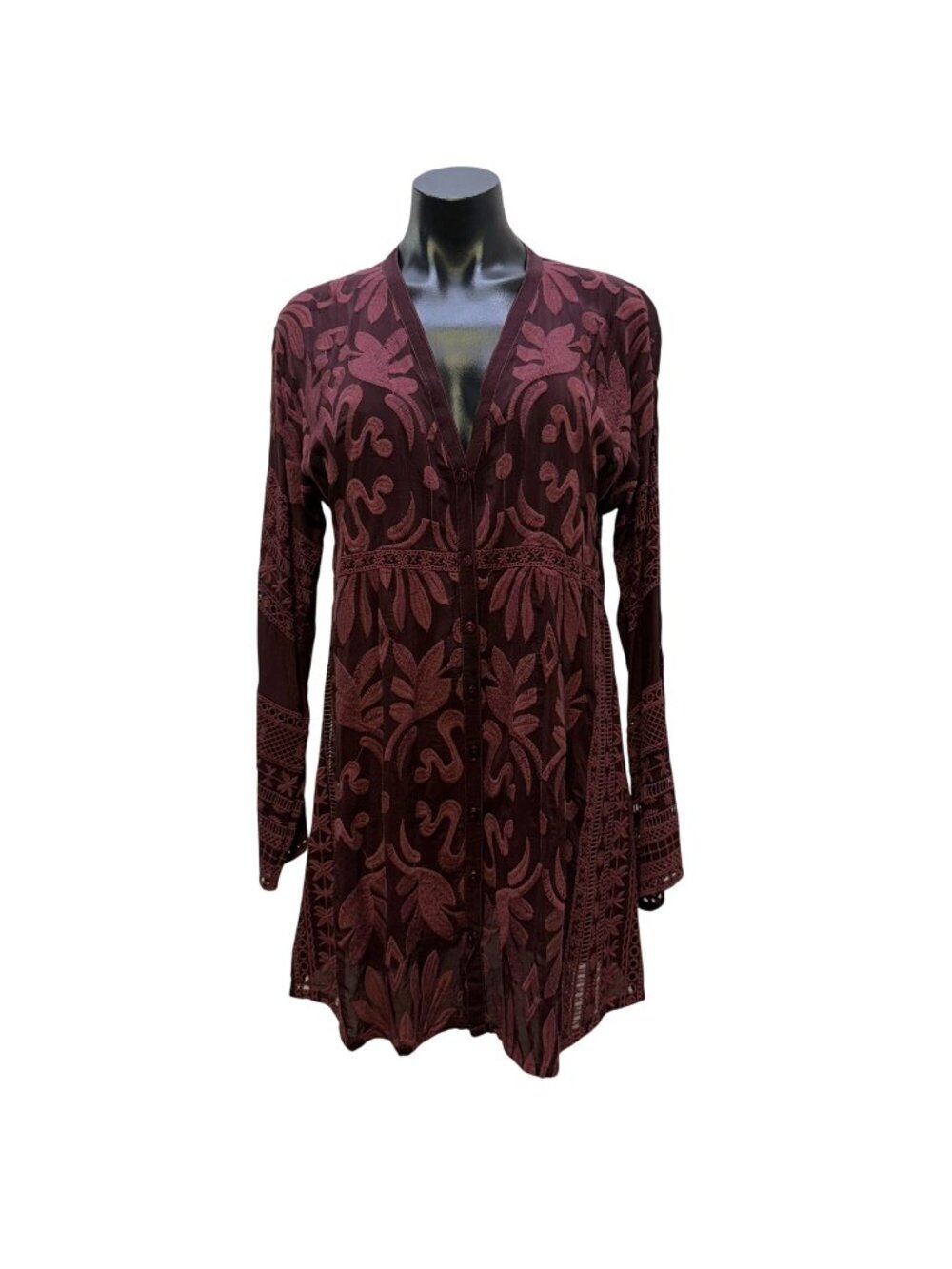 Johnny Was Embroidered Maroon Long-Sleeve Blouse Top M